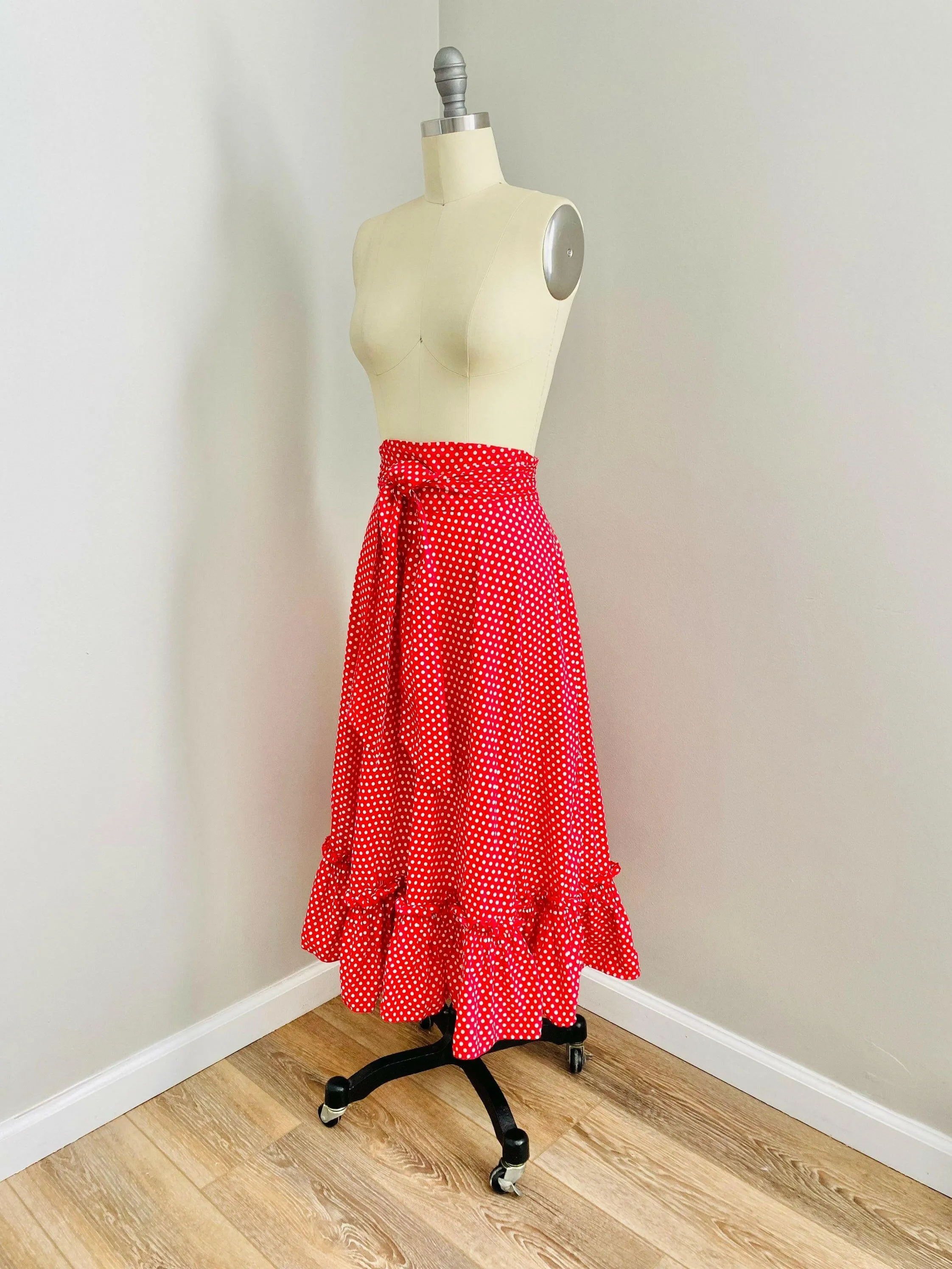 Vintage 1950s Red Polka Dot Cotton Maxi Skirt / 50s Serbin long peasant skirt Size S