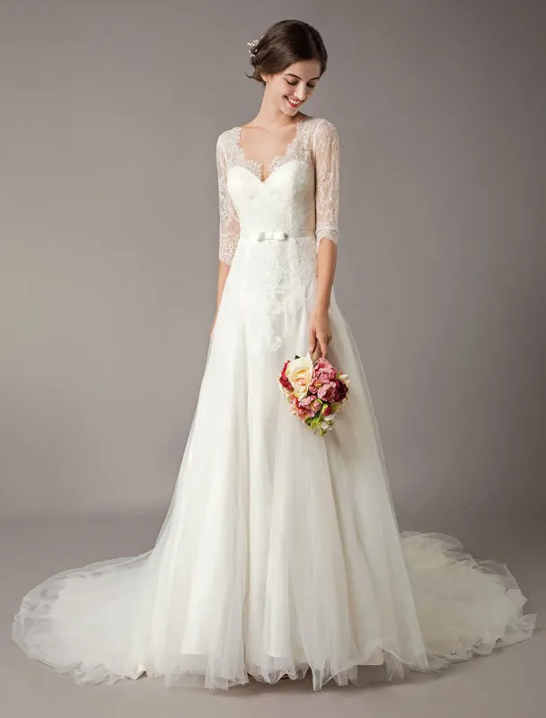 Wedding Dresses A Line Ivory V Neck Lace Tulle Half Sleeve Bridal Dress With Train