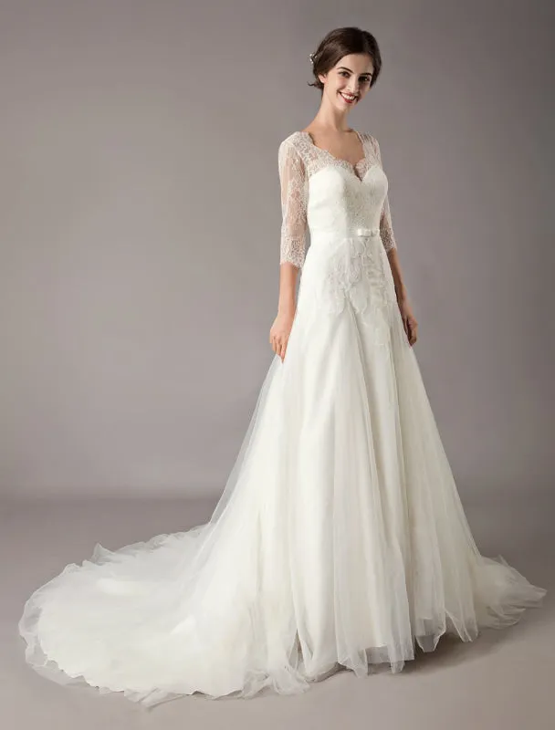 Wedding Dresses A Line Ivory V Neck Lace Tulle Half Sleeve Bridal Dress With Train