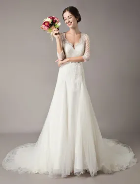 Wedding Dresses A Line Ivory V Neck Lace Tulle Half Sleeve Bridal Dress With Train