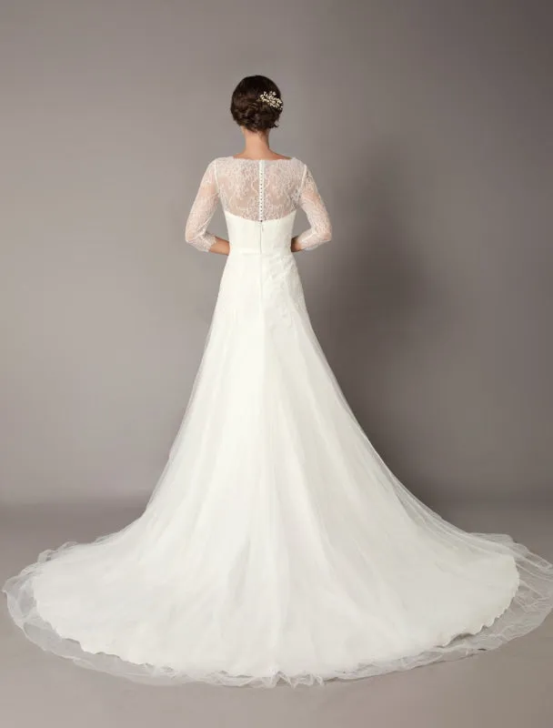 Wedding Dresses A Line Ivory V Neck Lace Tulle Half Sleeve Bridal Dress With Train