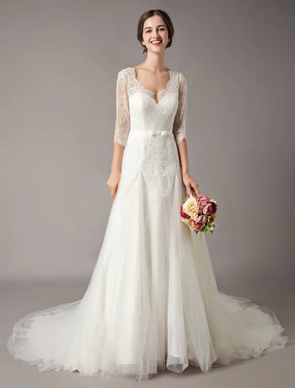 Wedding Dresses A Line Ivory V Neck Lace Tulle Half Sleeve Bridal Dress With Train