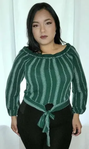 Women's Off-Shoulder Blouse | Green Long Sleeves Front Tie