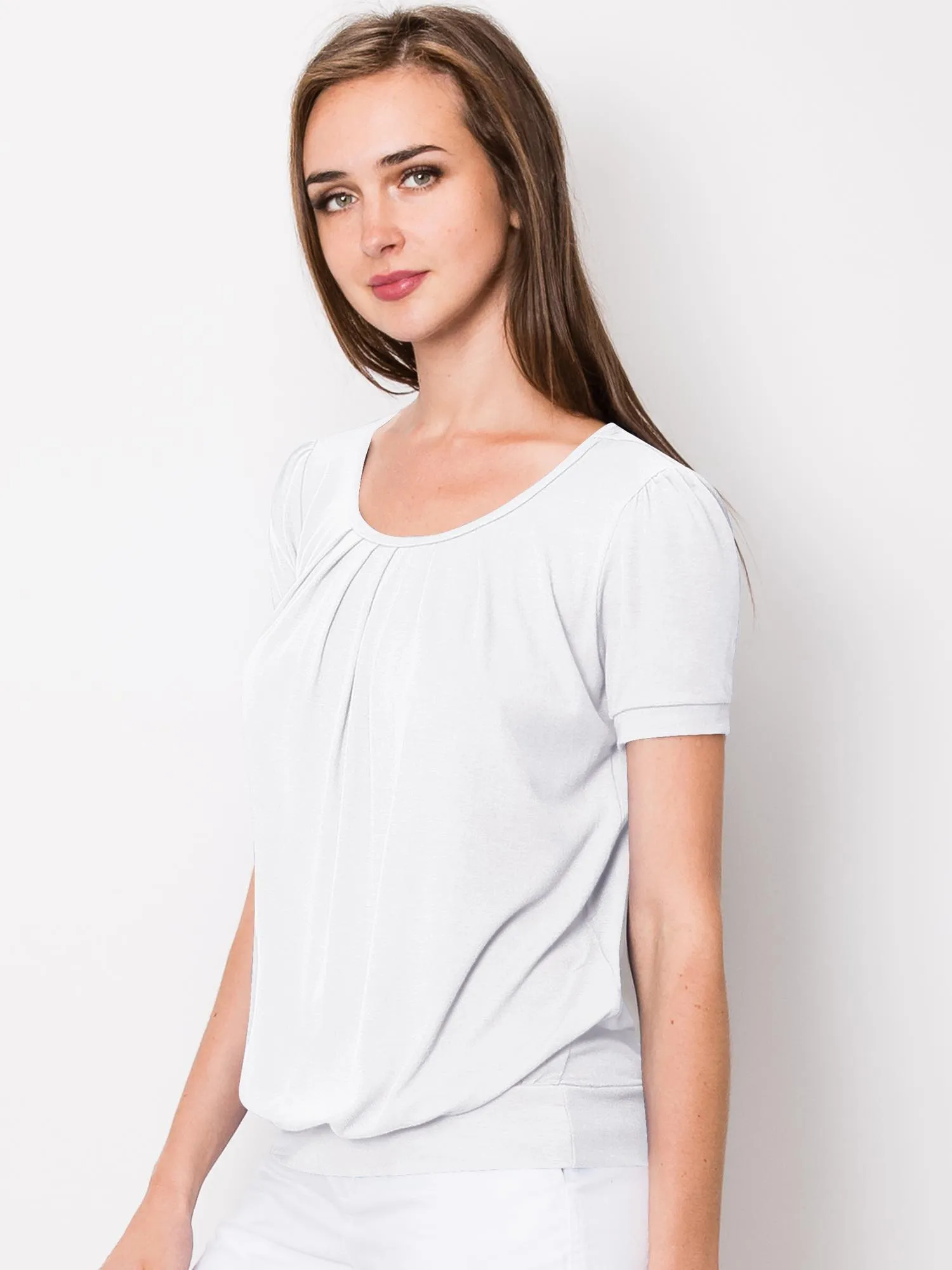 Women's Scoop Neck Short Sleeve Front Pleated Blouse