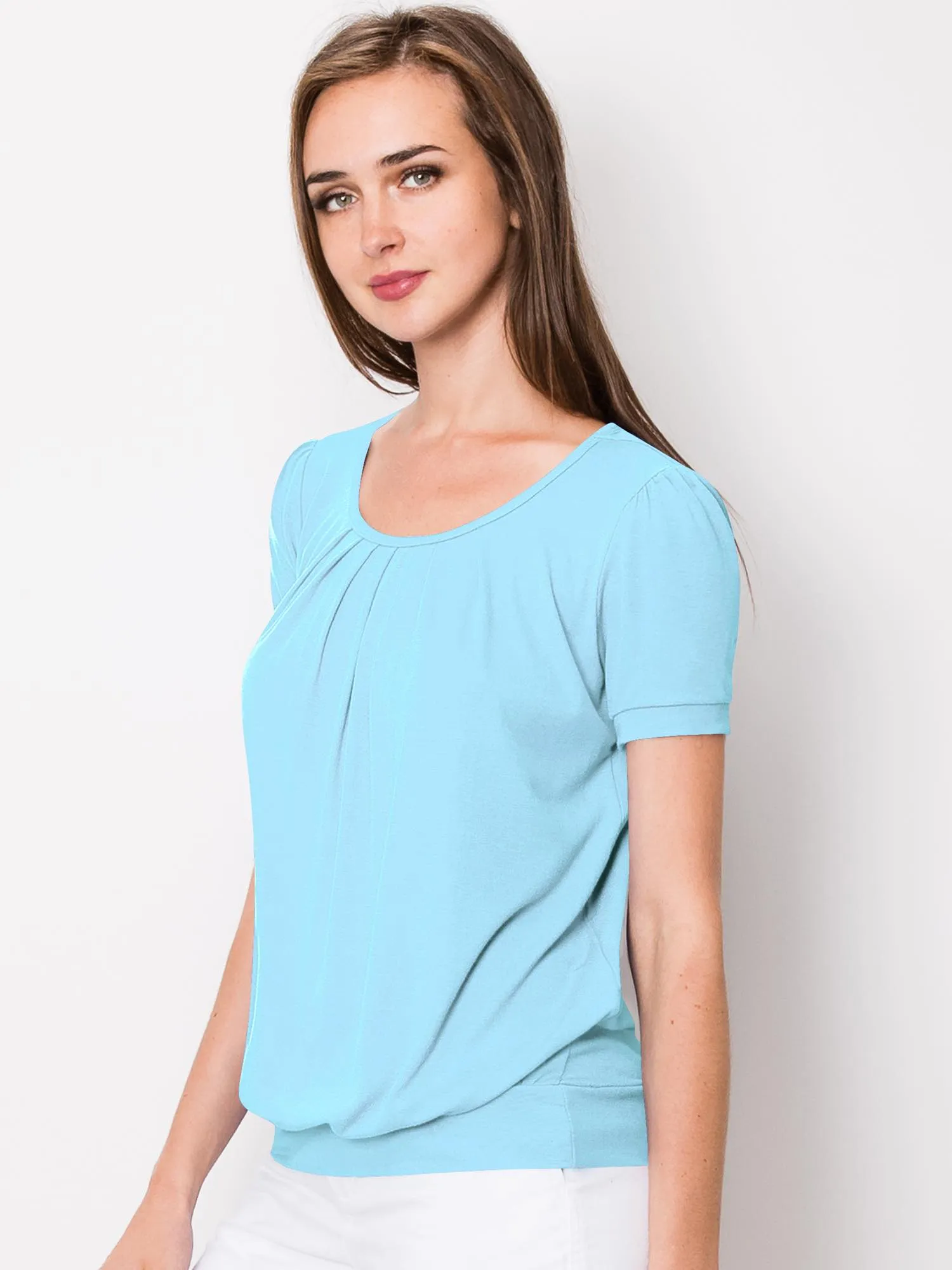 Women's Scoop Neck Short Sleeve Front Pleated Blouse