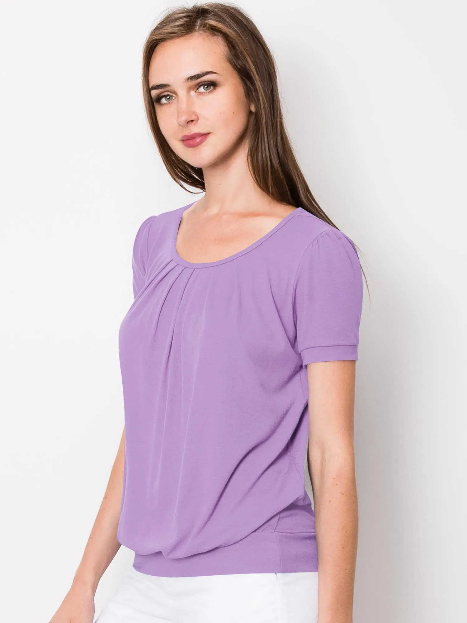 Women's Scoop Neck Short Sleeve Front Pleated Blouse