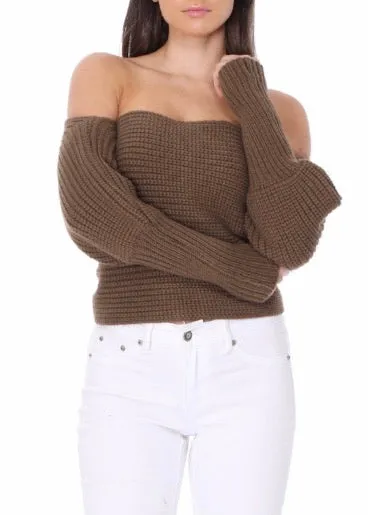 Yemak Off The Shoulder Long Sleeve Wrap Sweater Shawl (Mocha) KC003